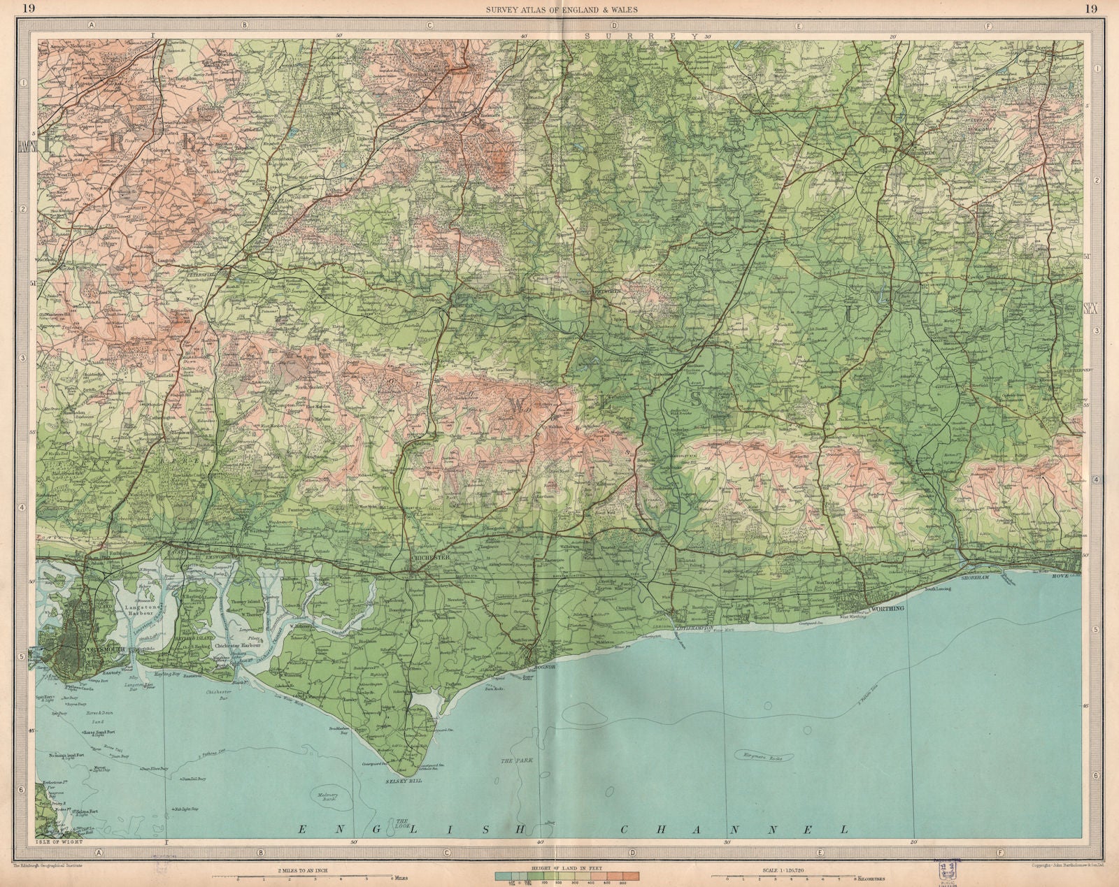 WEST SUSSEX. Portsmouth Chichester South Downs Hove Worthing Bognor 1939 map